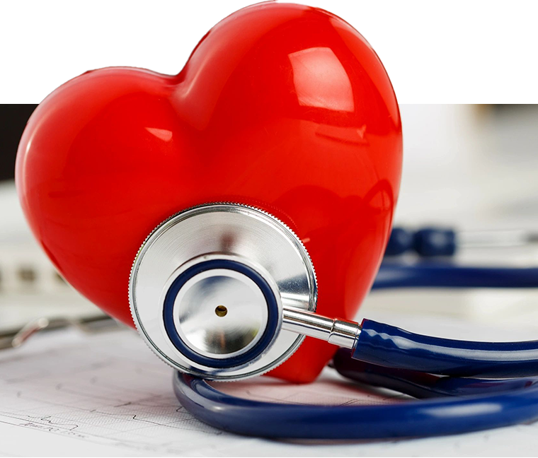 A stethoscope is on top of a heart.